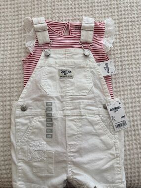 OshKosh B'gosh White Denim Overalls with Pink Striped Tee